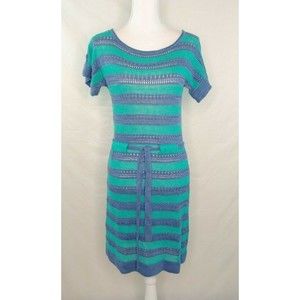 Nanette Lepore Dress Sz Small Open Knit Crochet Knee Length Blue Striped Linen